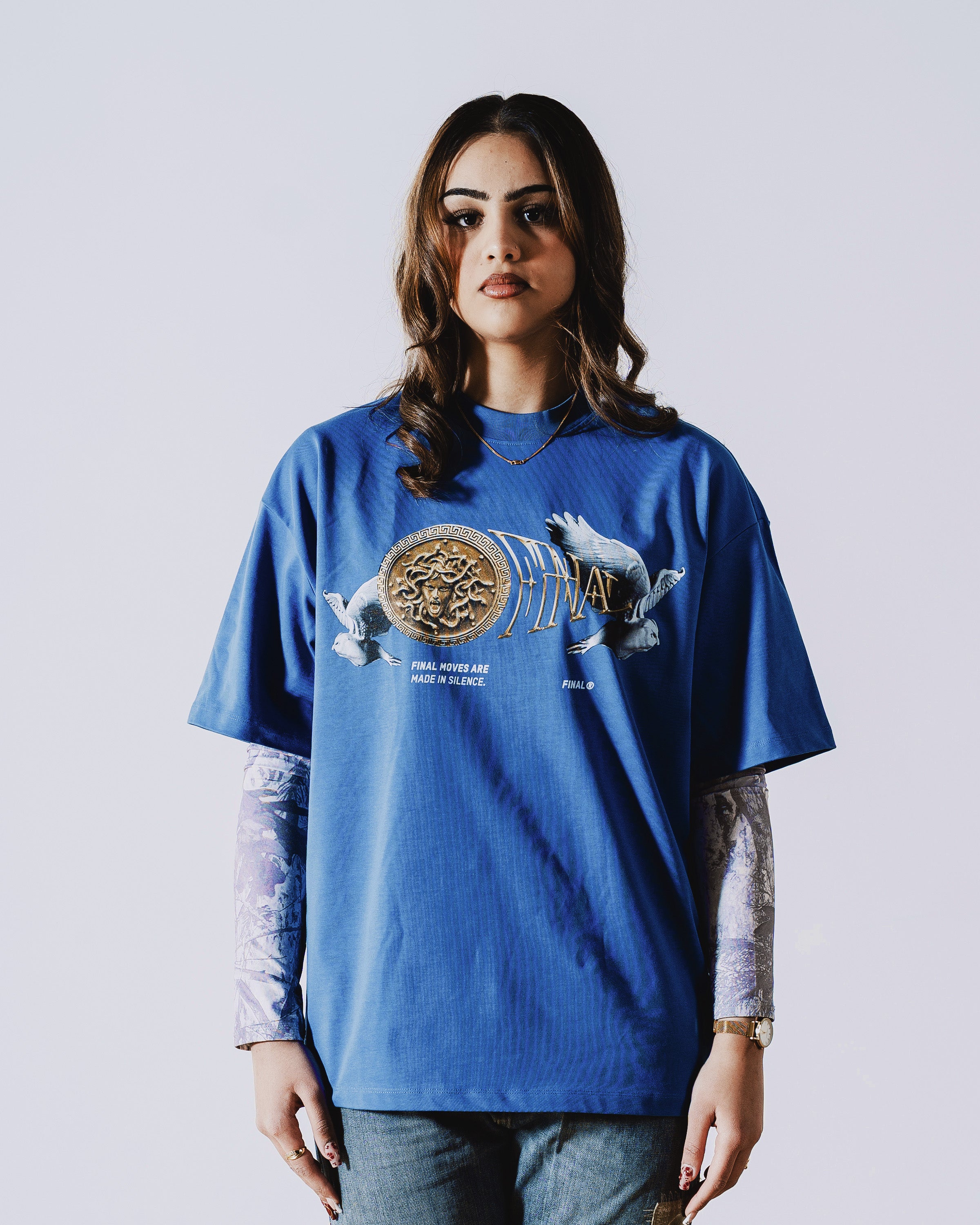 Gold Medusa Oversized T-Shirt Blue
